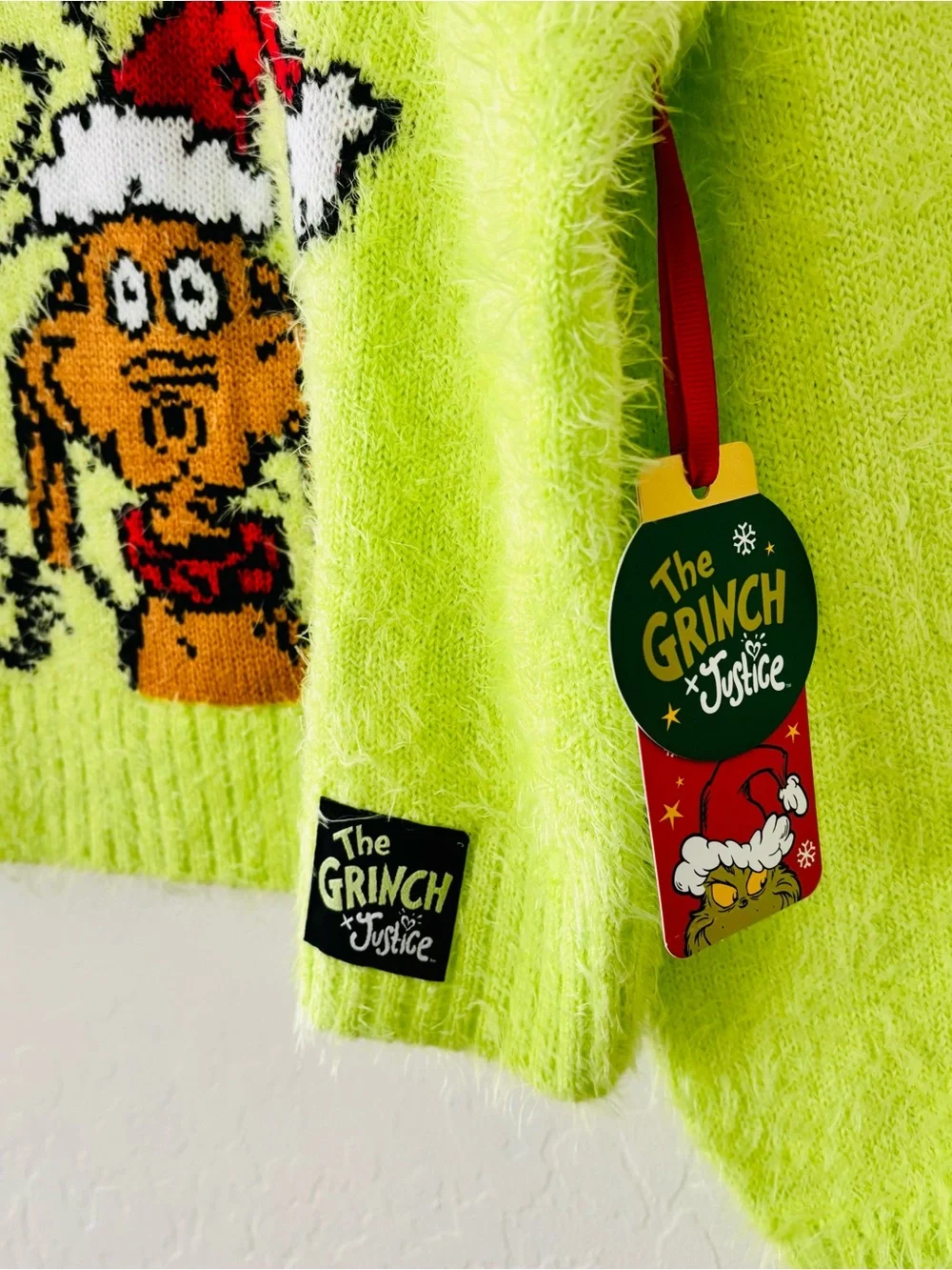 Justice x The Grinch Fuzzy Holiday Sweater in Neon Green Size Medium NWT
